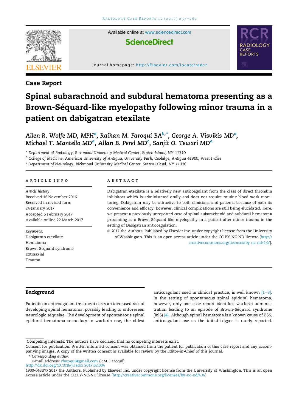 Spinal subarachnoid and subdural hematoma presenting as a Brown-Séquard-like myelopathy following minor trauma in a patient on dabigatran etexilate