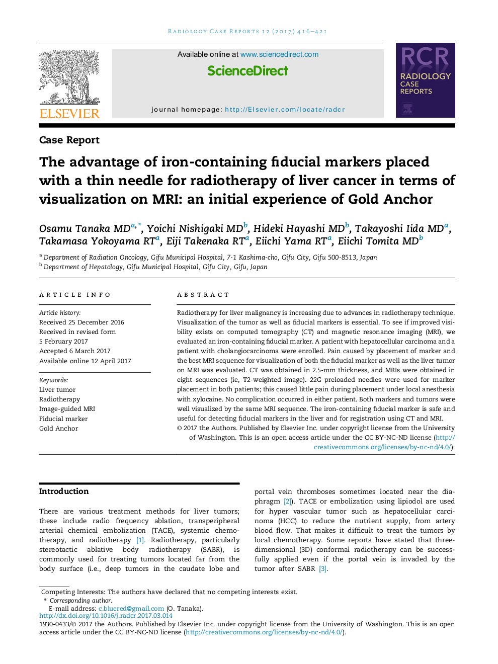 The advantage of iron-containing fiducial markers placed with a thin needle for radiotherapy of liver cancer in terms of visualization on MRI: an initial experience of Gold Anchor