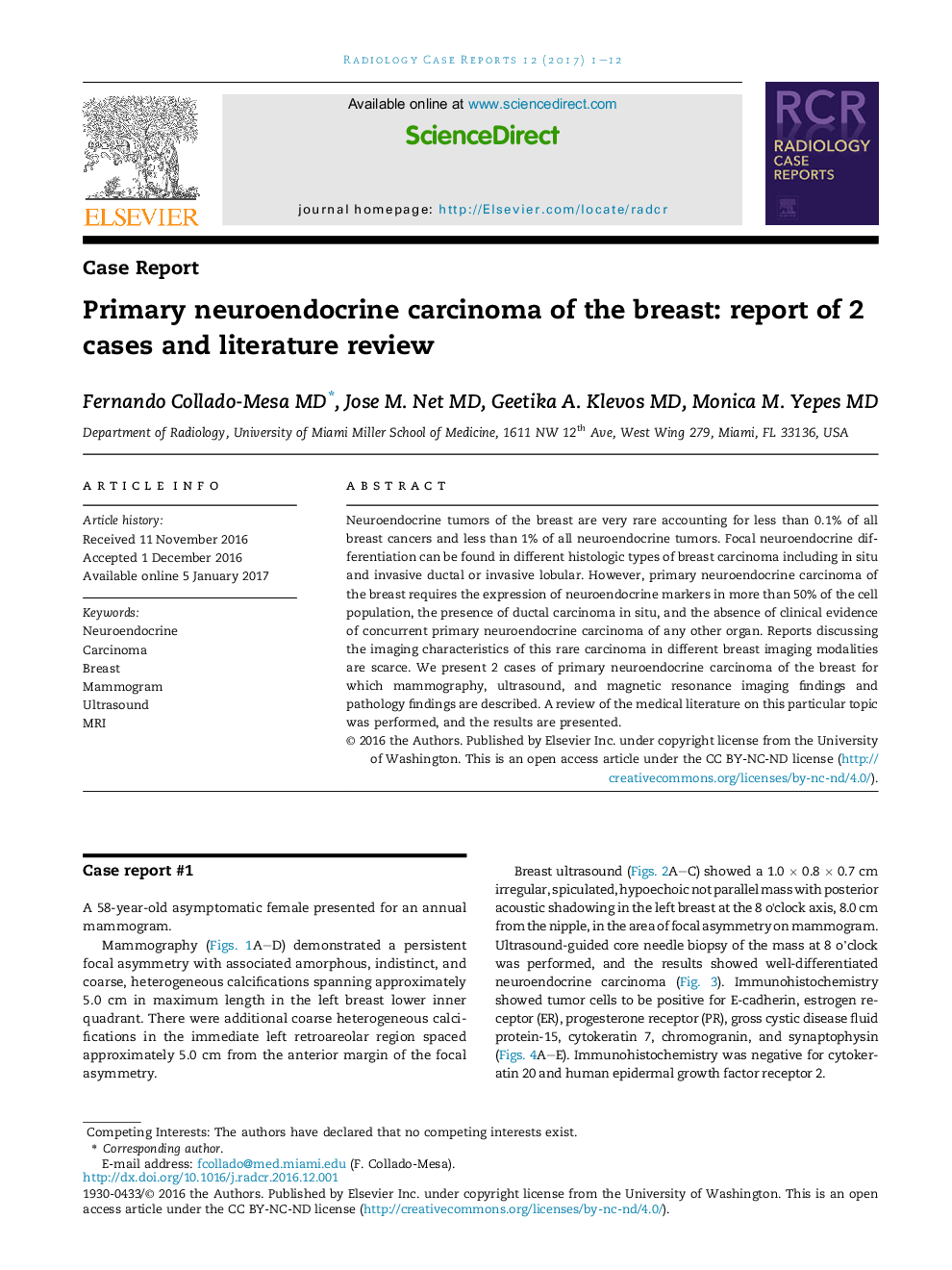 Primary neuroendocrine carcinoma of the breast: report of 2 cases and literature review