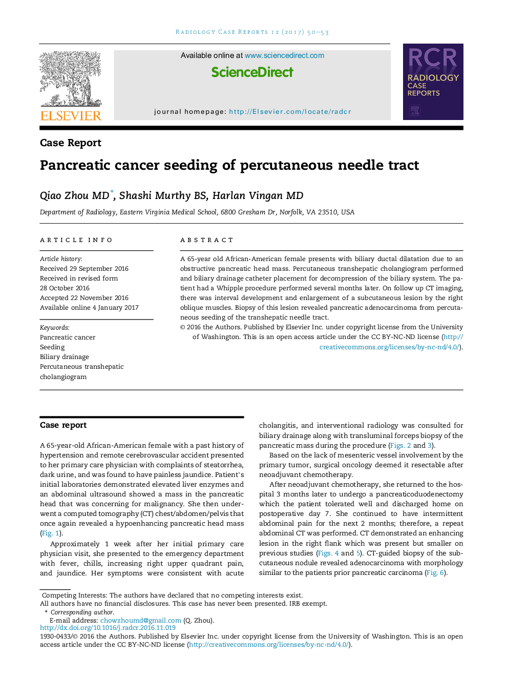 Pancreatic cancer seeding of percutaneous needle tract