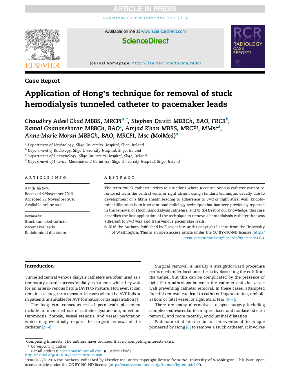 Application of Hong's technique for removal of stuck hemodialysis tunneled catheter to pacemaker leads