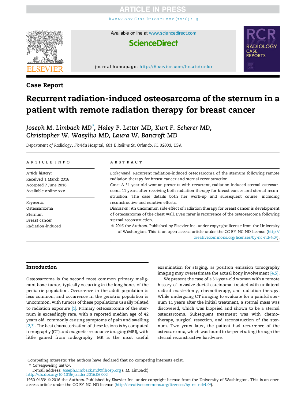 Recurrent radiation-induced osteosarcoma of the sternum in a patient with remote radiation therapy for breast cancer