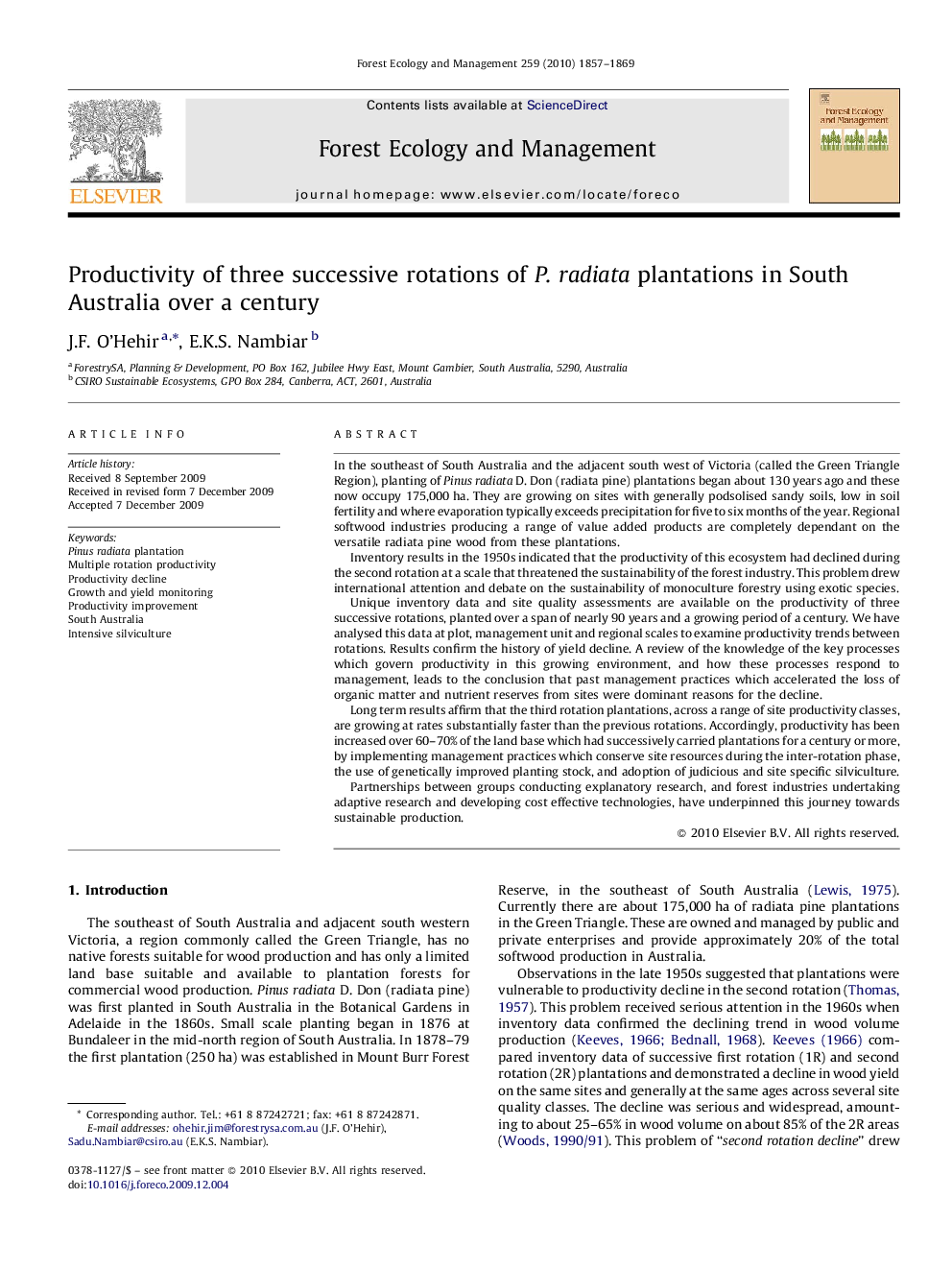 Productivity of three successive rotations of P. radiata plantations in South Australia over a century