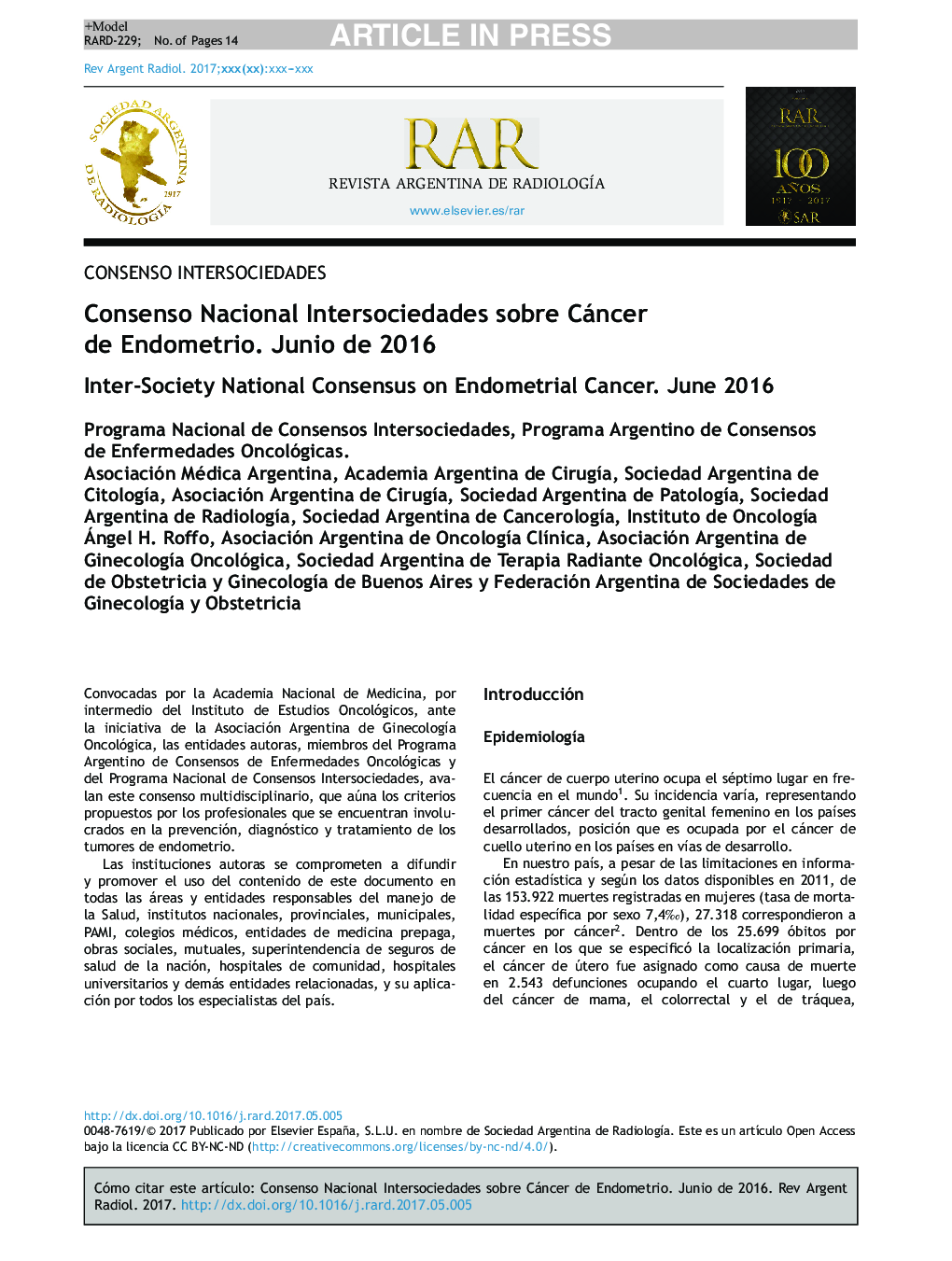 Consenso Nacional Intersociedades sobre Cáncer de Endometrio. Junio de 2016