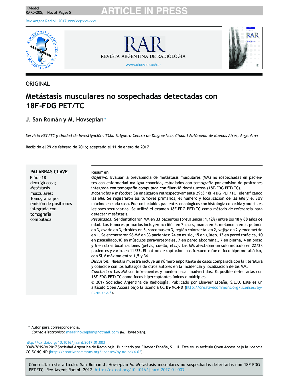 Metástasis musculares no sospechadas detectadas con 18F-FDG PET/TC
