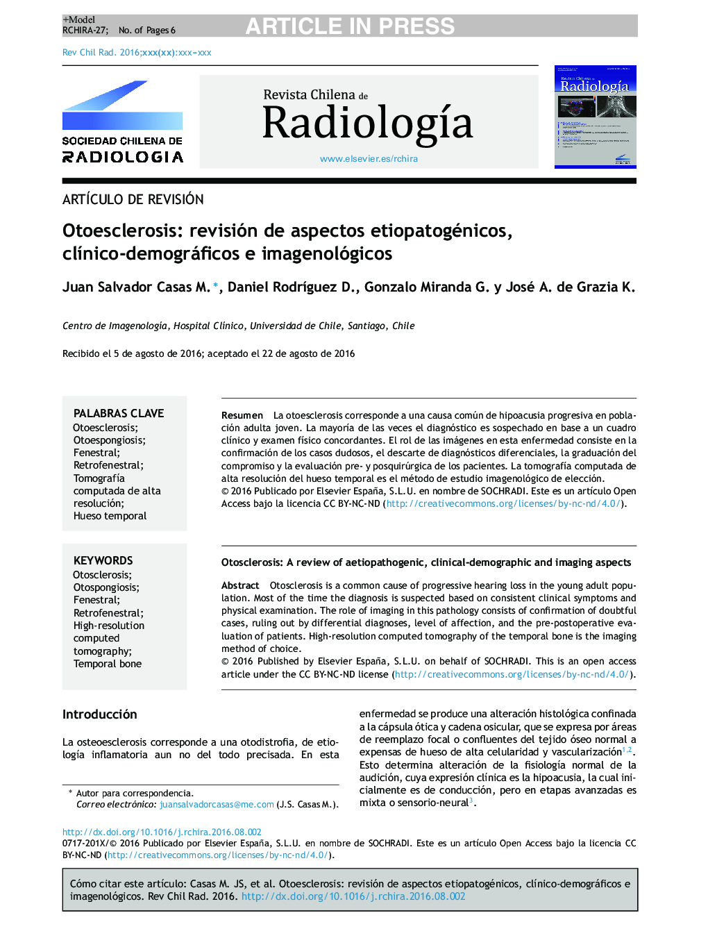 Otoesclerosis: revisión de aspectos etiopatogénicos, clÃ­nico-demográficos e imagenológicos