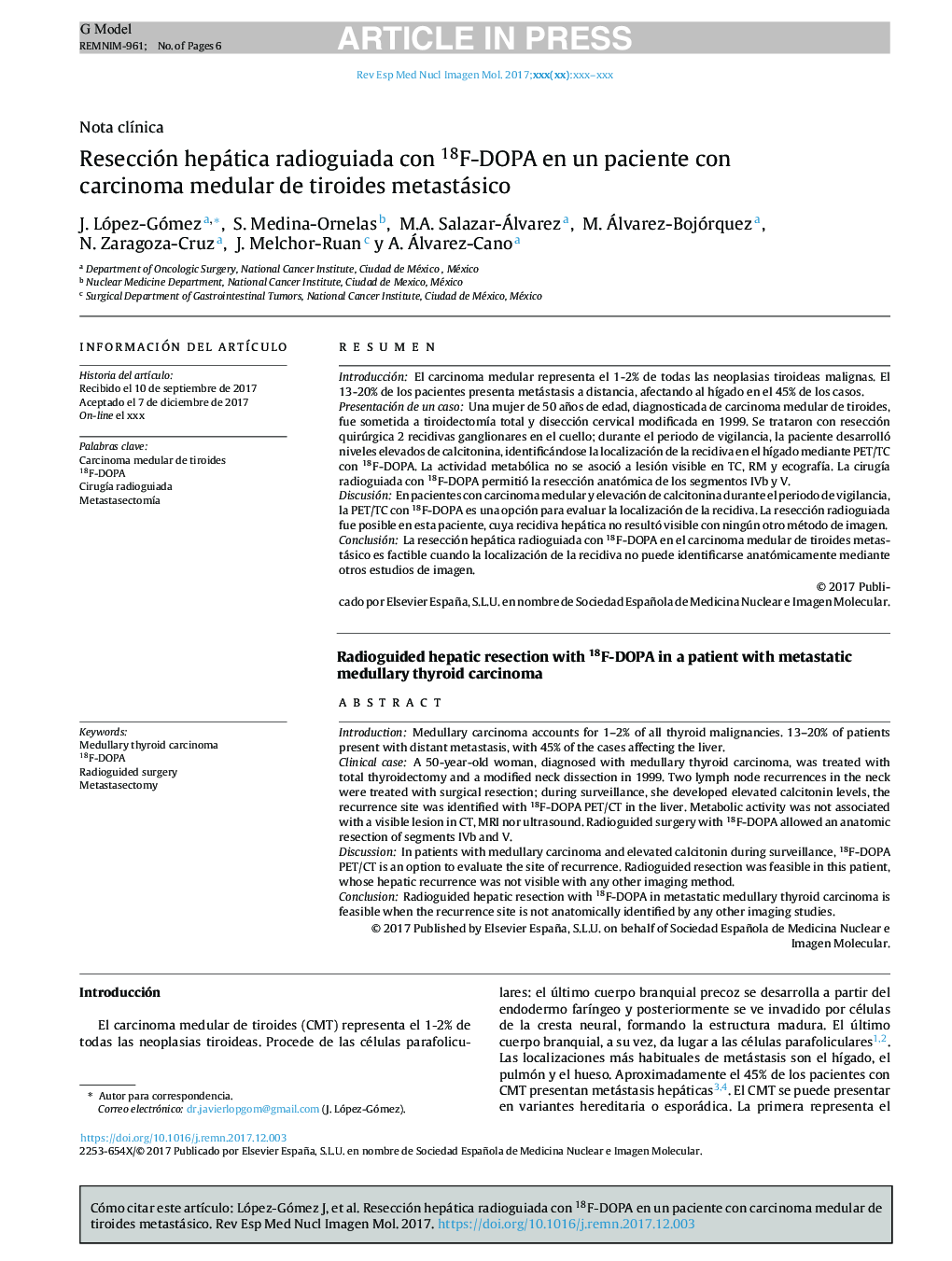 Resección hepática radioguiada con 18F-DOPA en un paciente con carcinoma medular de tiroides metastásico