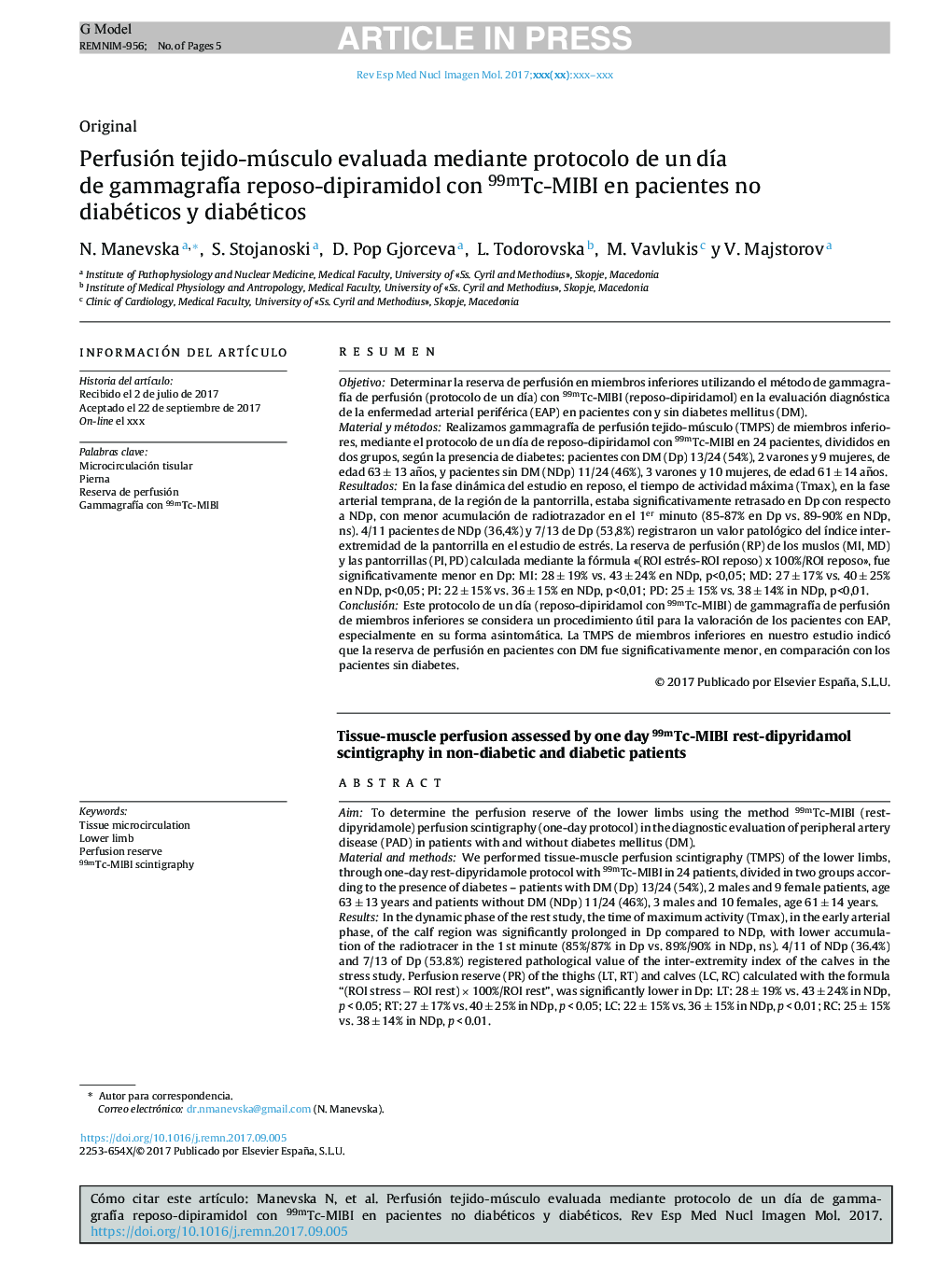 Perfusión tejido-músculo evaluada mediante protocolo de un dÃ­a de gammagrafÃ­a reposo-dipiramidol con 99mTc-MIBI en pacientes no diabéticos y diabéticos