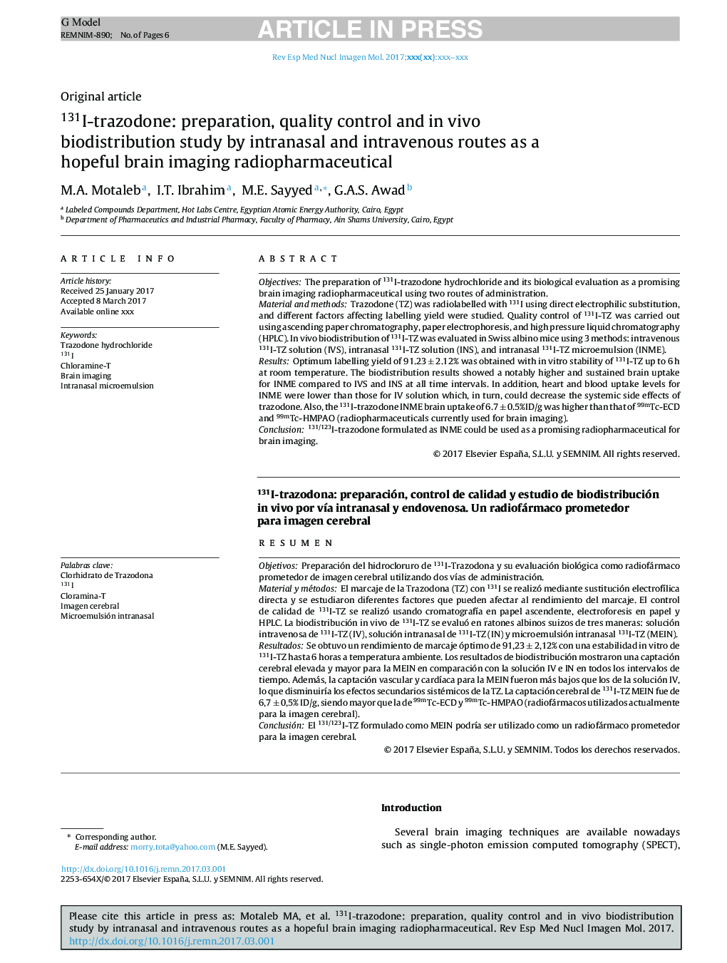 131I-trazodone: preparation, quality control and in vivo biodistribution study by intranasal and intravenous routes as a hopeful brain imaging radiopharmaceutical