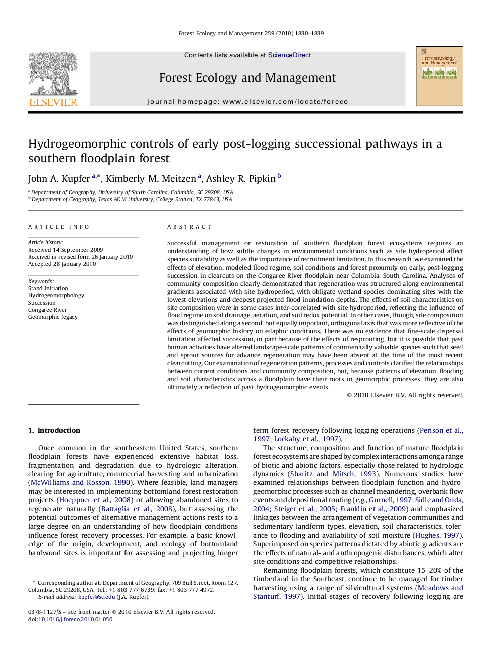 Hydrogeomorphic controls of early post-logging successional pathways in a southern floodplain forest