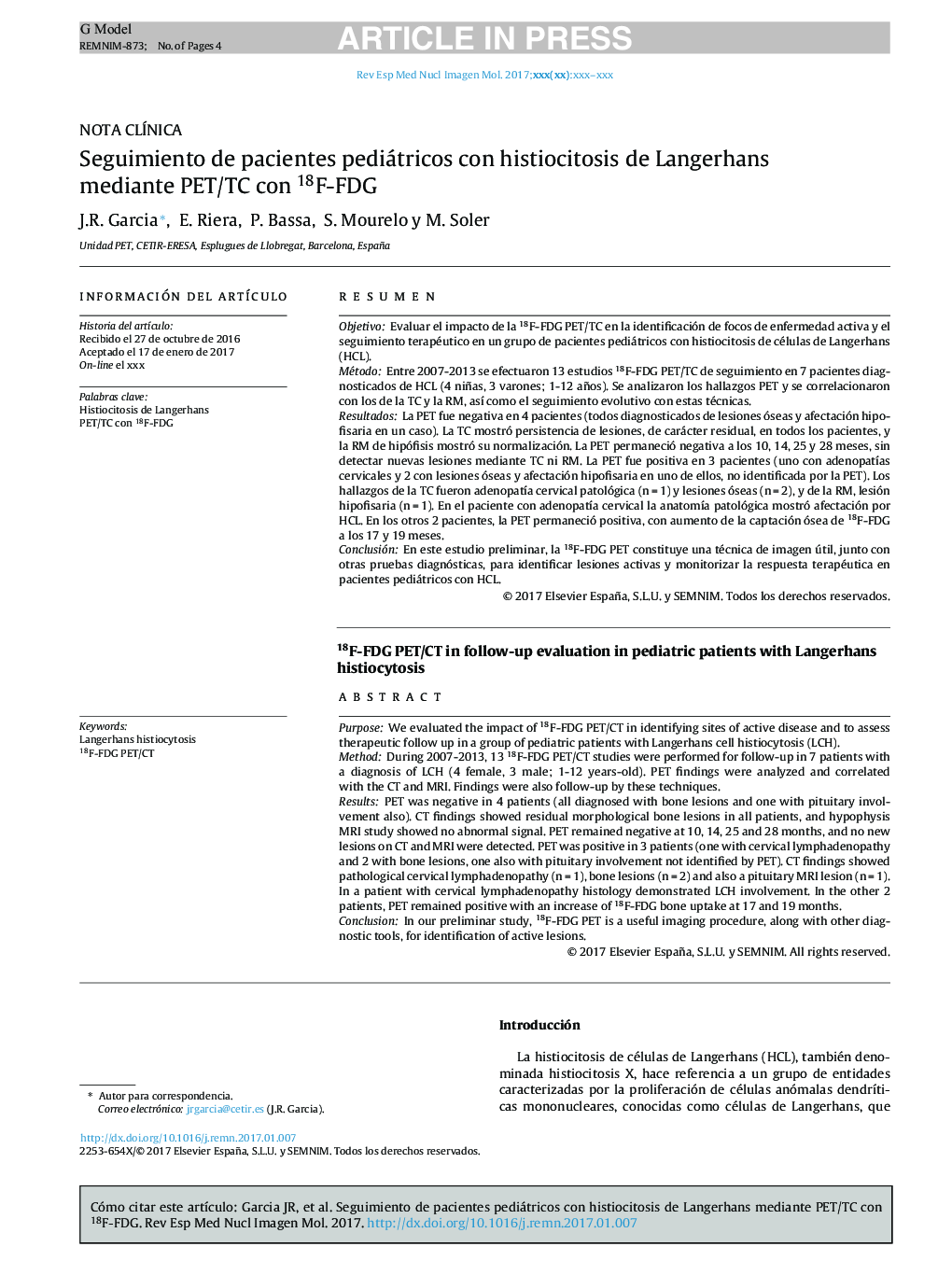 Seguimiento de pacientes pediátricos con histiocitosis de Langerhans mediante PET/TC con 18F-FDG