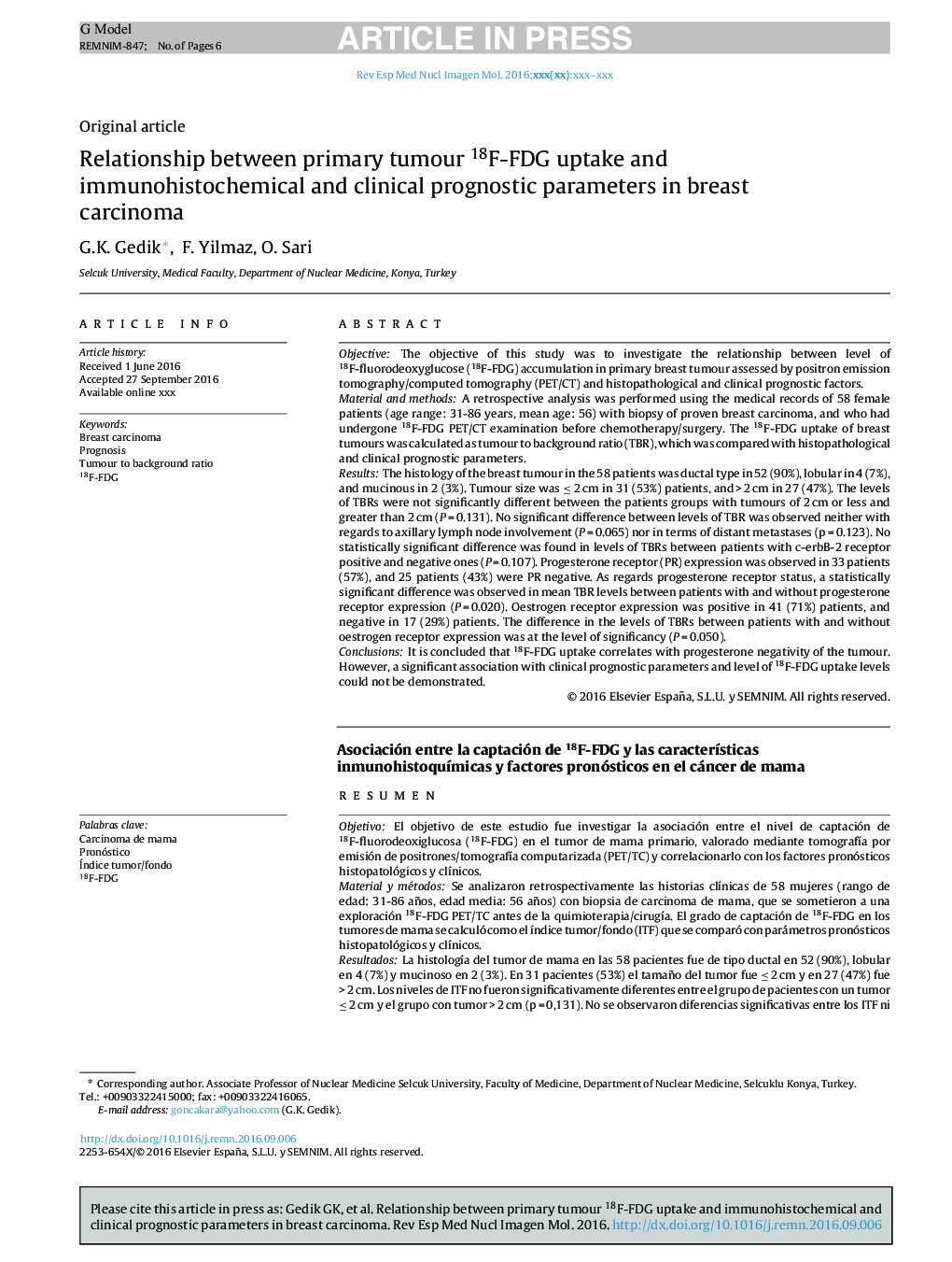 Relationship between primary tumour 18F-FDG uptake and immunohistochemical and clinical prognostic parameters in breast carcinoma