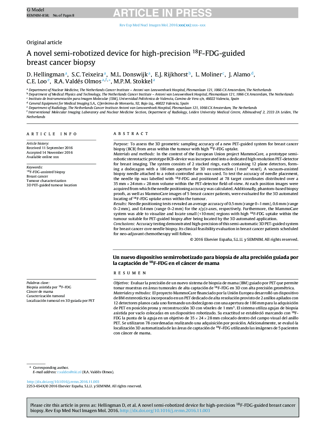 A novel semi-robotized device for high-precision 18F-FDG-guided breast cancer biopsy