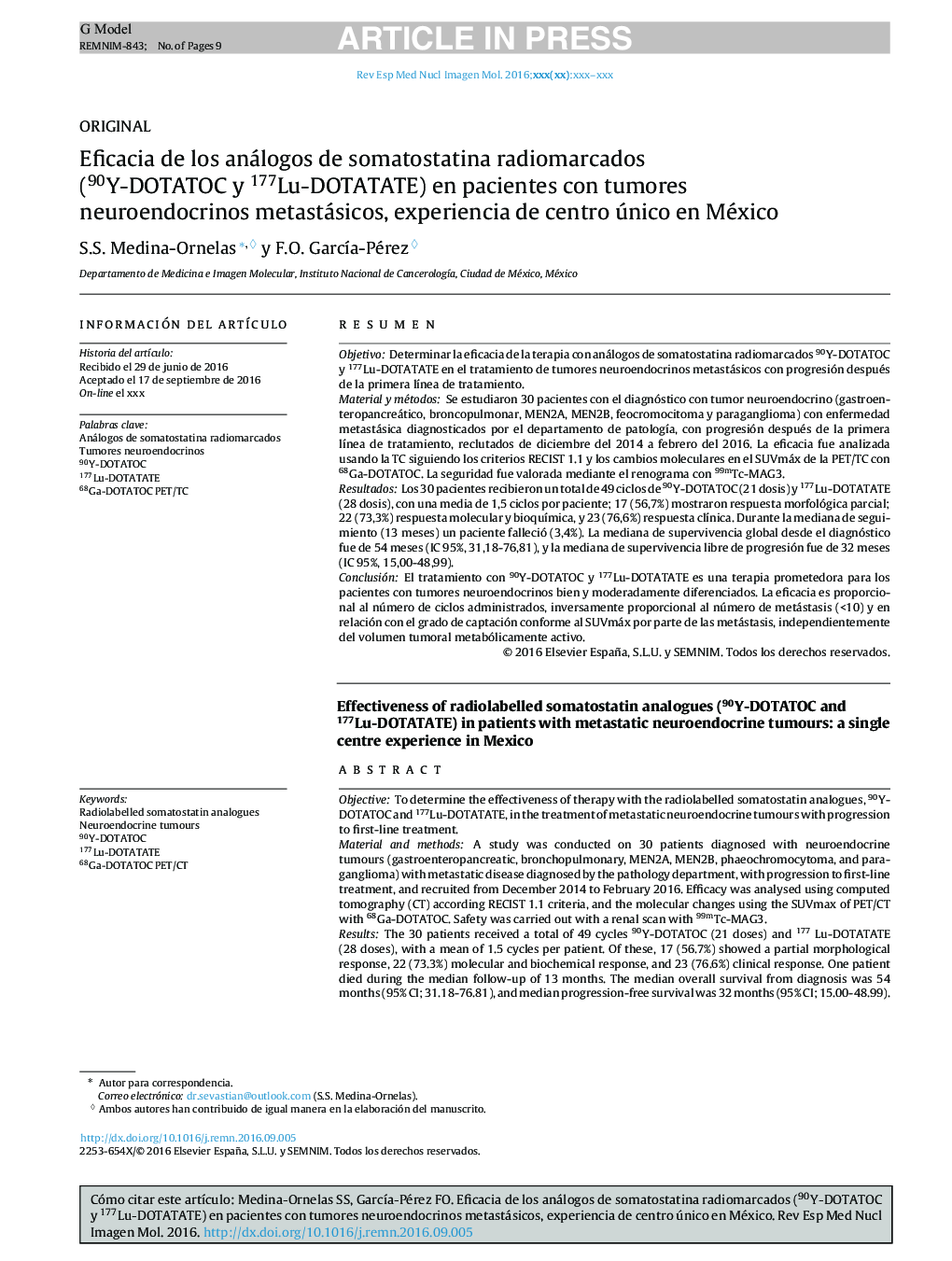 Eficacia de los análogos de somatostatina radiomarcados (90Y-DOTATOC y 177Lu-DOTATATE) en pacientes con tumores neuroendocrinos metastásicos, experiencia de centro único en México