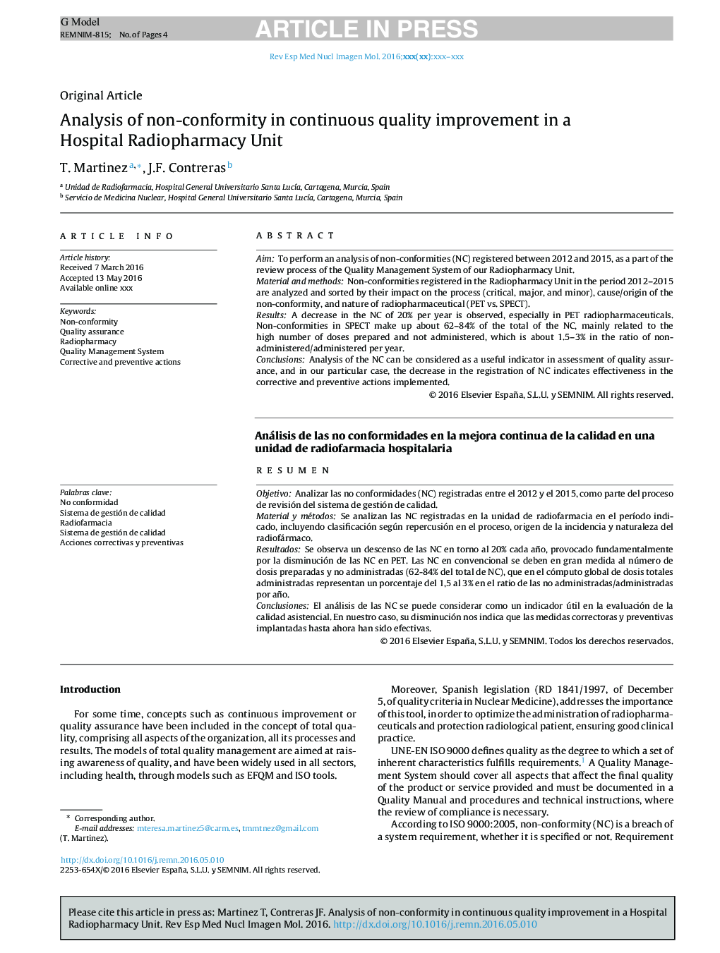Analysis of non-conformity in continuous quality improvement in a Hospital Radiopharmacy Unit