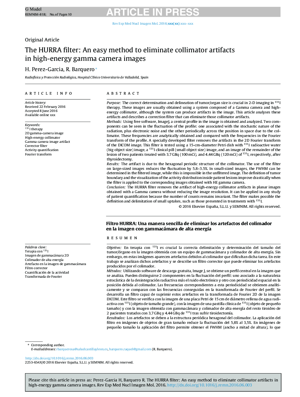 The HURRA filter: An easy method to eliminate collimator artifacts in high-energy gamma camera images