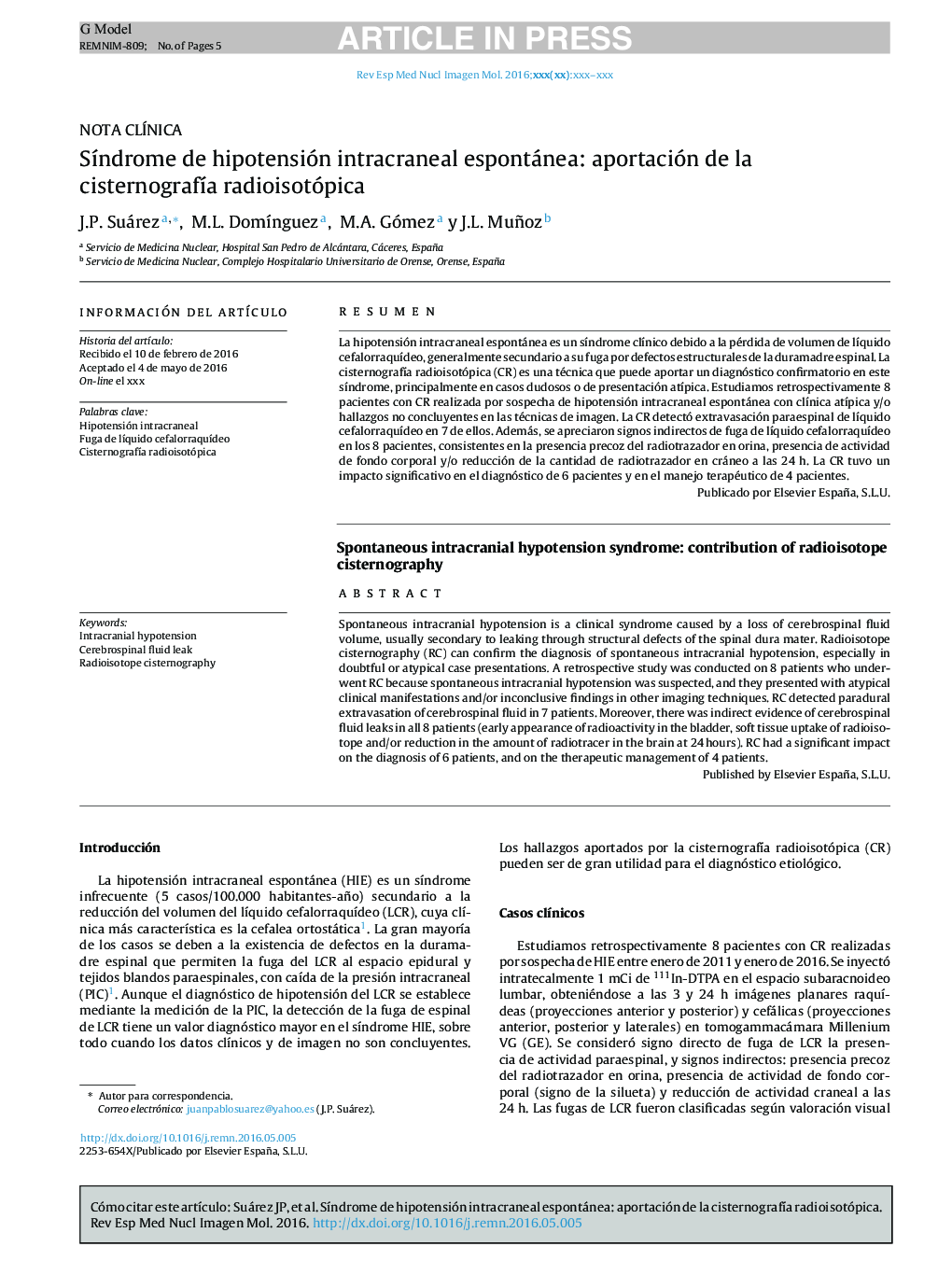 SÃ­ndrome de hipotensión intracraneal espontánea: aportación de la cisternografÃ­a radioisotópica