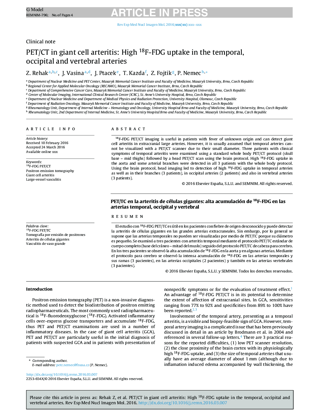 PET/CT in giant cell arteritis: High 18F-FDG uptake in the temporal, occipital and vertebral arteries