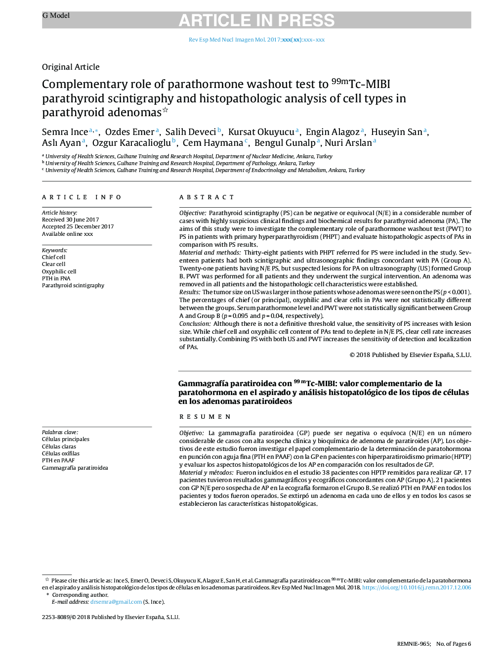 Complementary role of parathormone washout test to 99mTc-MIBI parathyroid scintigraphy and histopathologic analysis of cell types in parathyroid adenomas