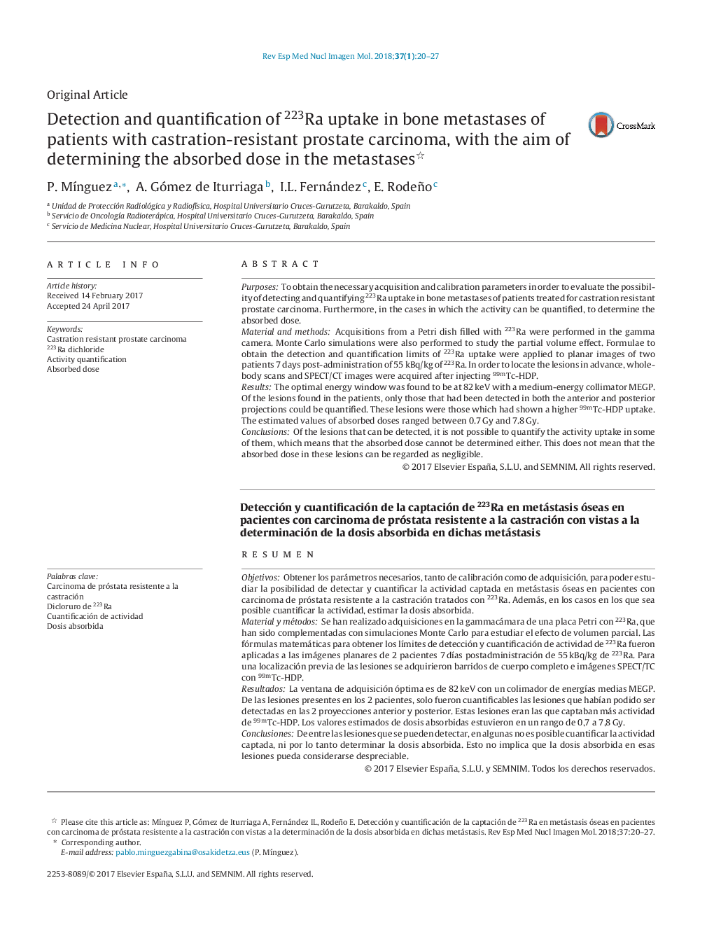 Detection and quantification of 223Ra uptake in bone metastases of patients with castration-resistant prostate carcinoma, with the aim of determining the absorbed dose in the metastases