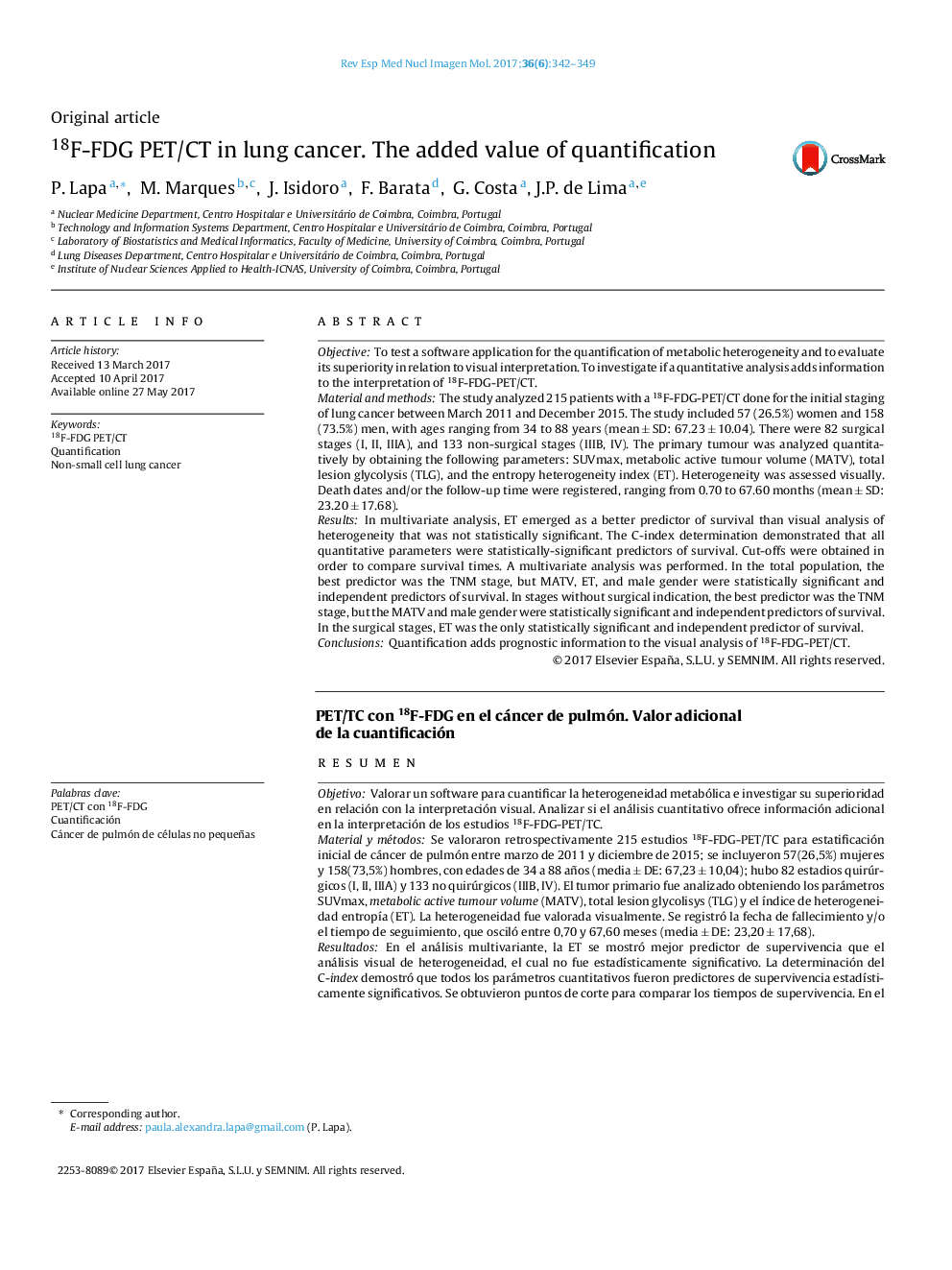 18F-FDG PET/CT in lung cancer. The added value of quantification