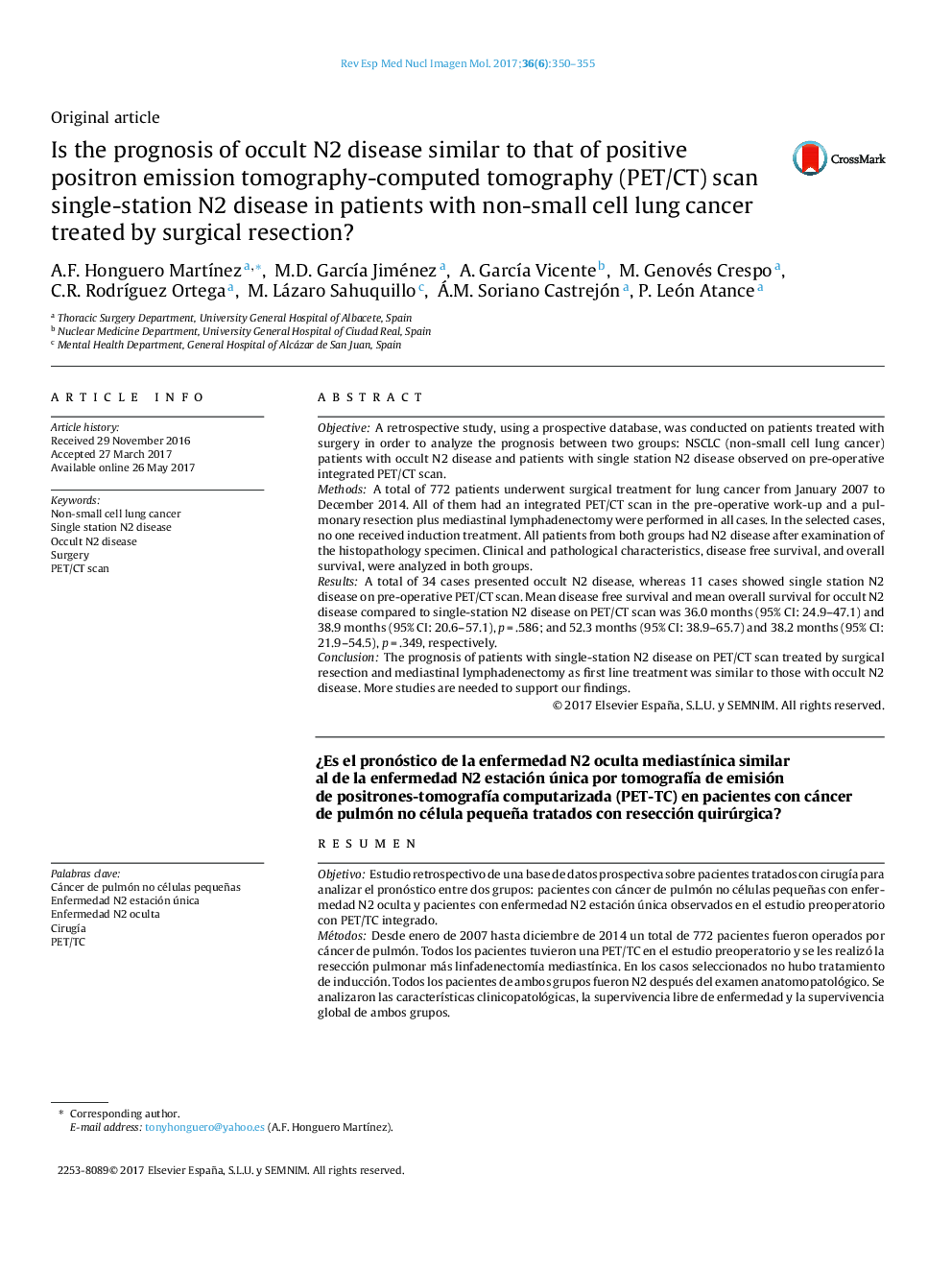 Is the prognosis of occult N2 disease similar to that of positive positron emission tomography-computed tomography (PET/CT) scan single-station N2 disease in patients with non-small cell lung cancer treated by surgical resection?