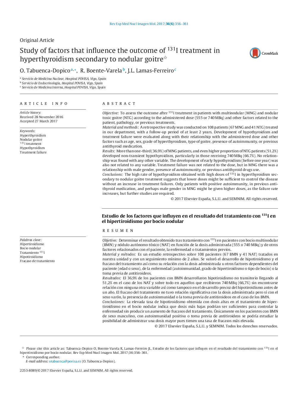 Study of factors that influence the outcome of 131I treatment in hyperthyroidism secondary to nodular goitre