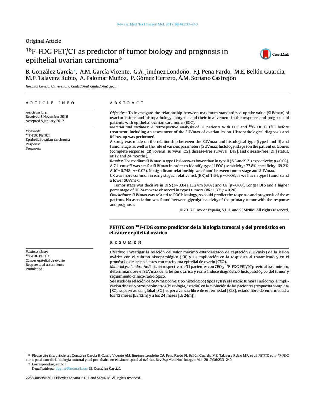 18F-FDG PET/CT as predictor of tumor biology and prognosis in epithelial ovarian carcinoma