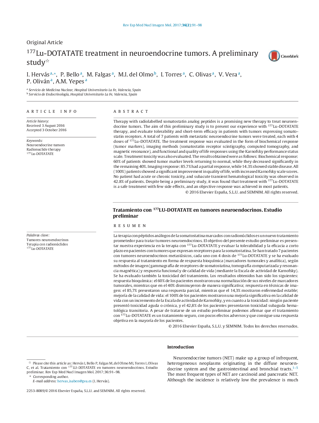 177Lu-DOTATATE treatment in neuroendocrine tumors. A preliminary study