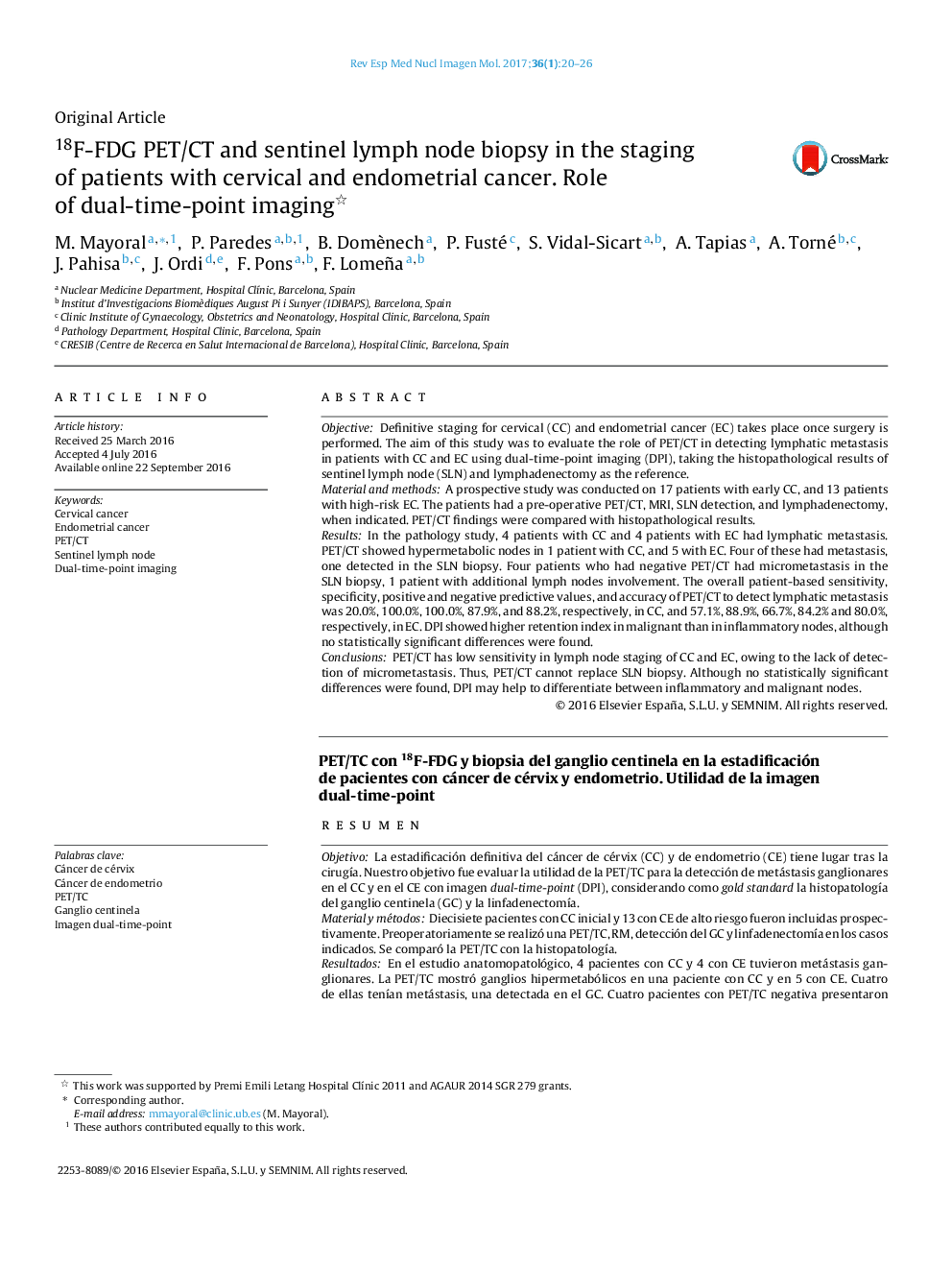 18F-FDG PET/CT and sentinel lymph node biopsy in the staging of patients with cervical and endometrial cancer. Role of dual-time-point imaging