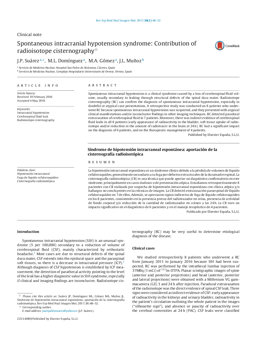 Spontaneous intracranial hypotension syndrome: Contribution of radioisotope cisternography