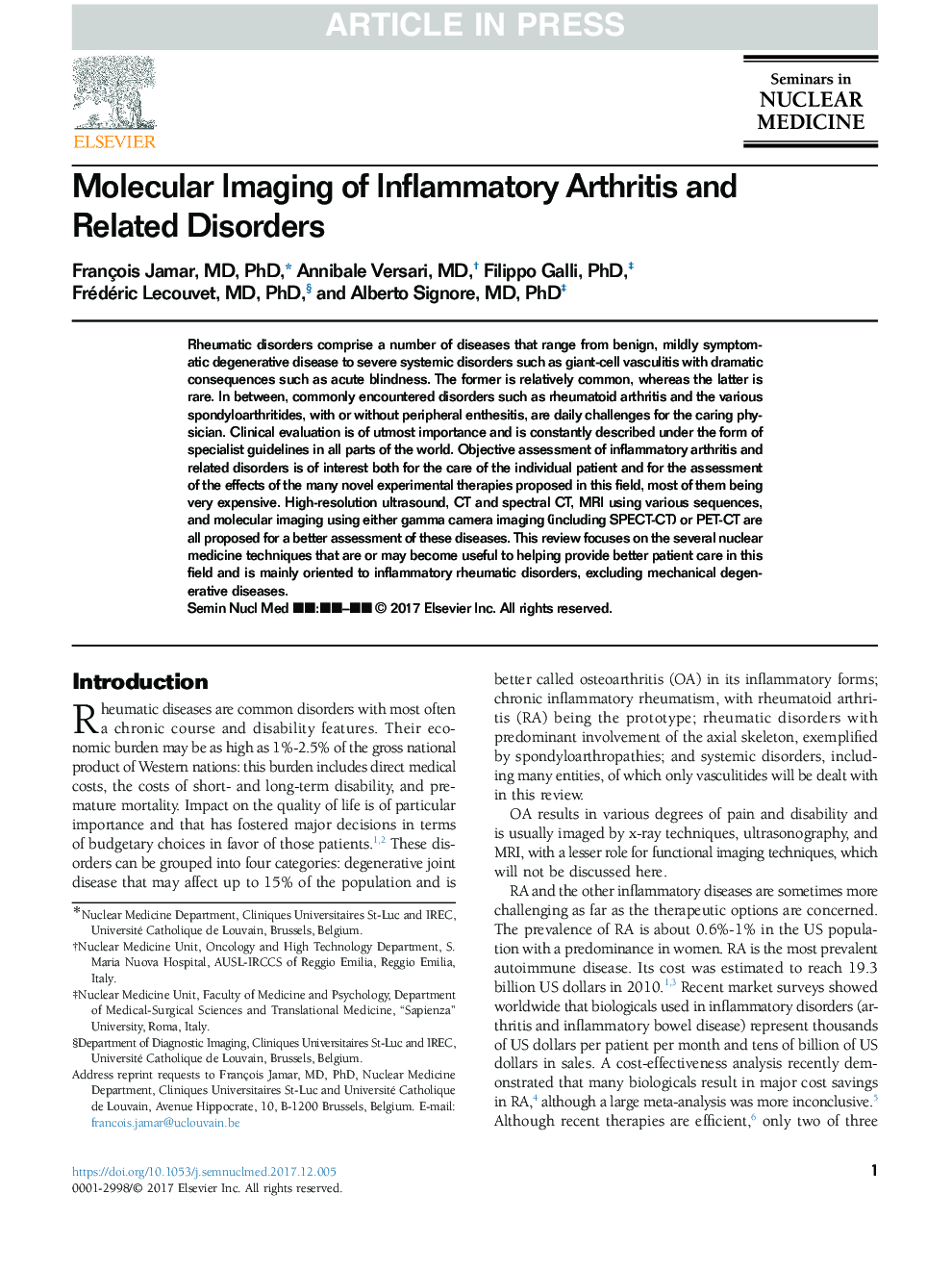 Molecular Imaging of Inflammatory Arthritis and Related Disorders