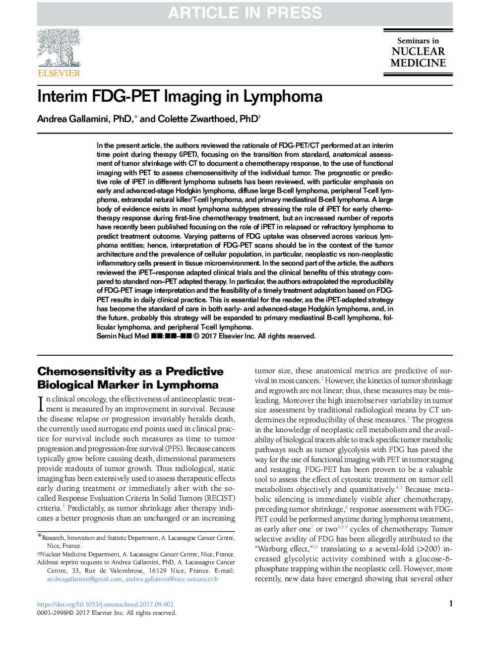 Interim FDG-PET Imaging in Lymphoma