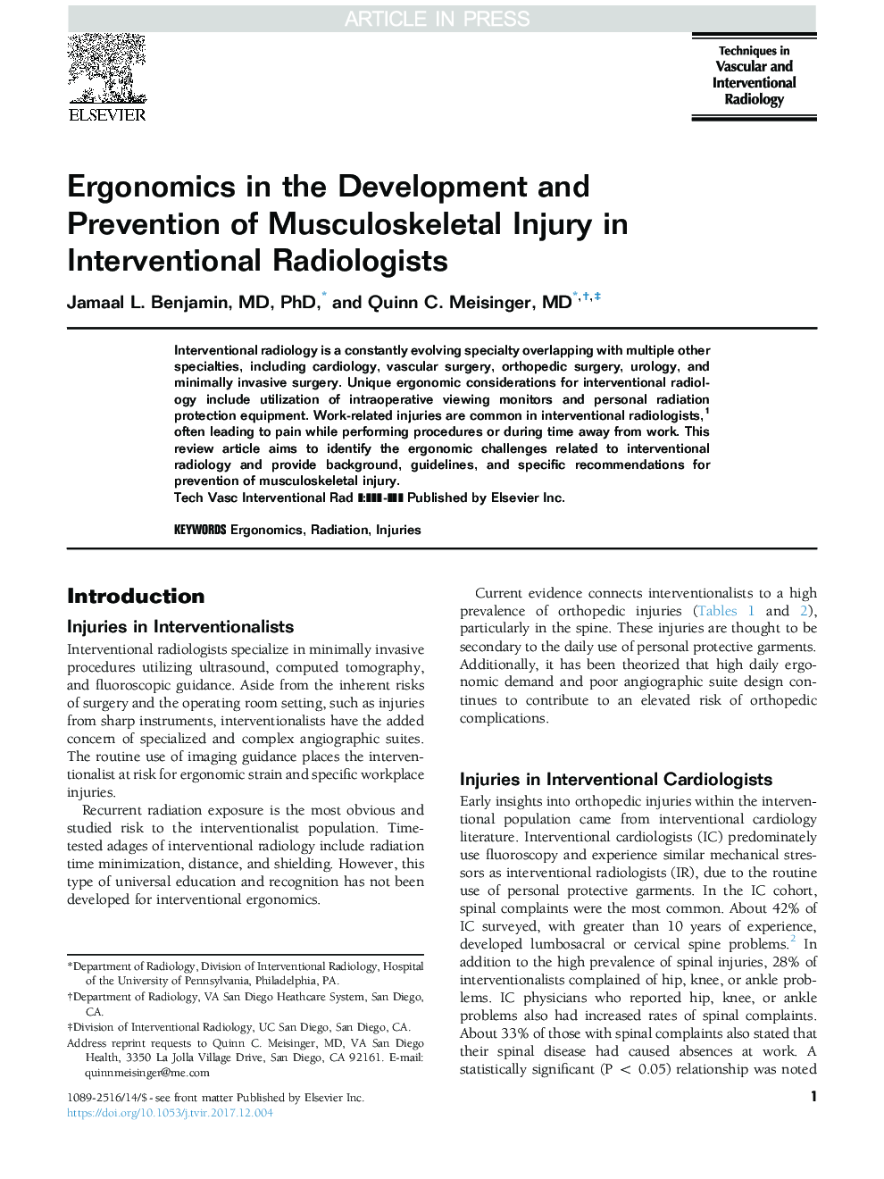 Ergonomics in the Development and Prevention of Musculoskeletal Injury in Interventional Radiologists