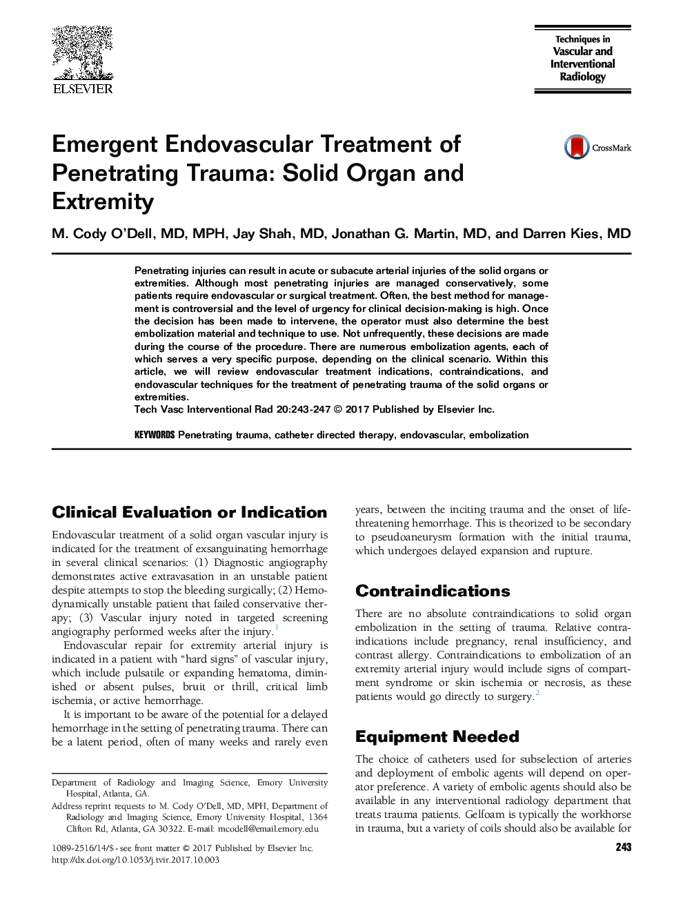 Emergent Endovascular Treatment of Penetrating Trauma: Solid Organ and Extremity