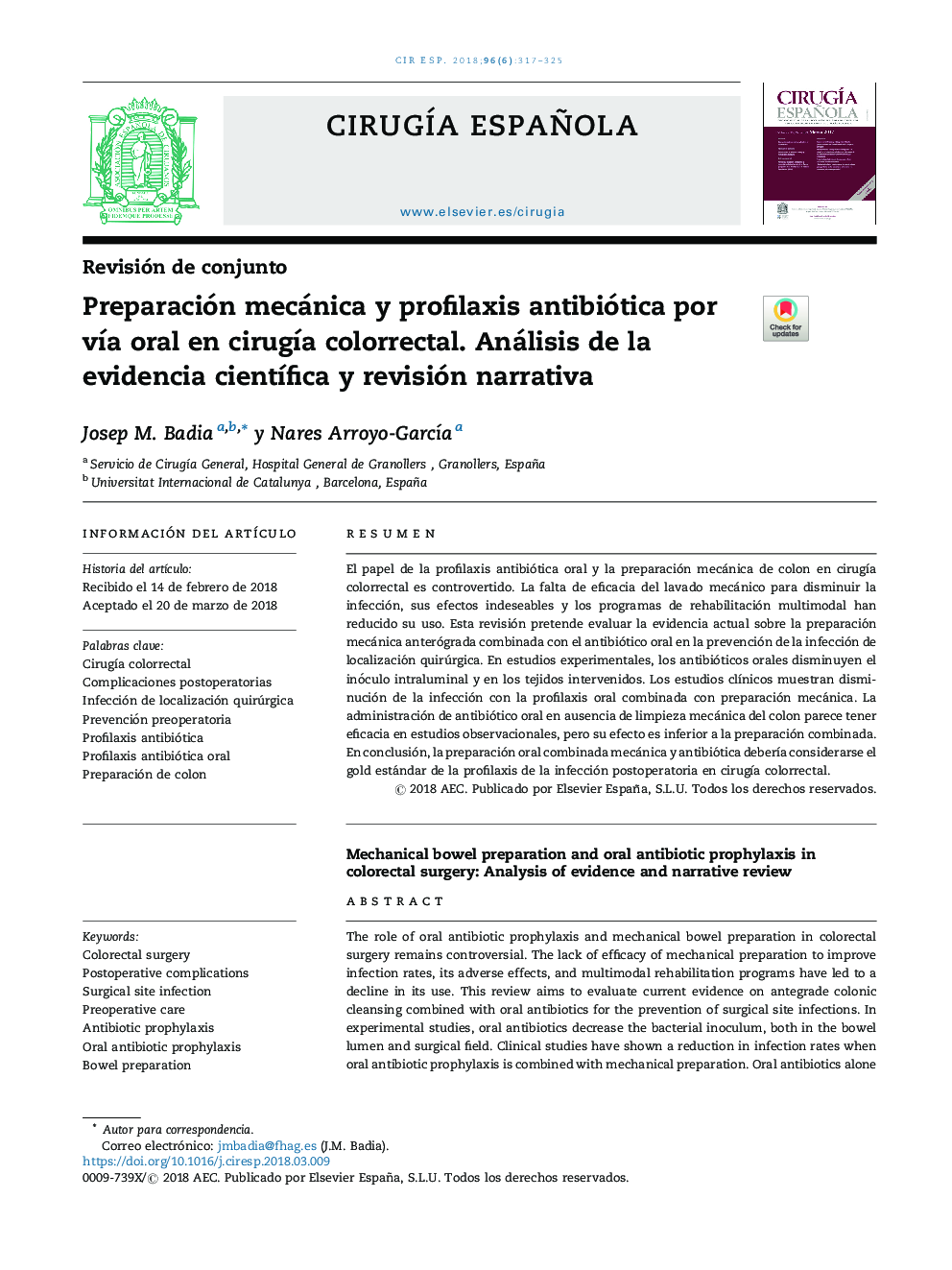 Preparación mecánica y profilaxis antibiótica por vÃ­a oral en cirugÃ­a colorrectal. Análisis de la evidencia cientÃ­fica y revisión narrativa