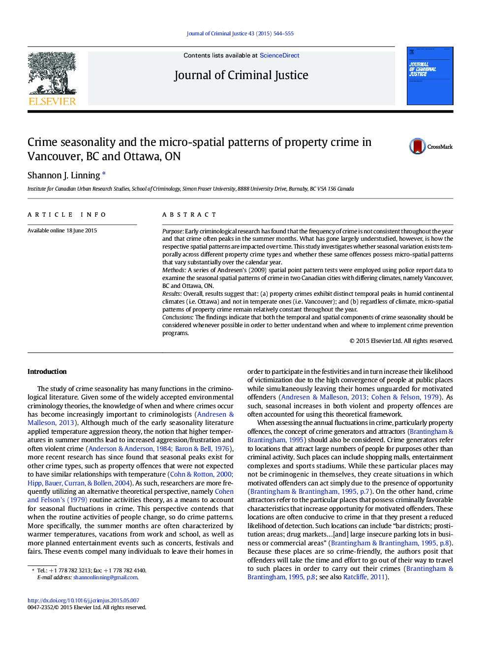 Crime seasonality and the micro-spatial patterns of property crime in Vancouver, BC and Ottawa, ON