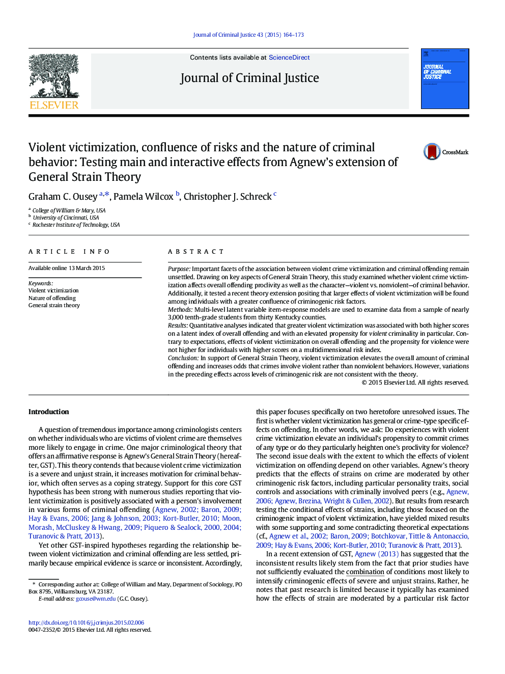 Violent victimization, confluence of risks and the nature of criminal behavior: Testing main and interactive effects from Agnew’s extension of General Strain Theory