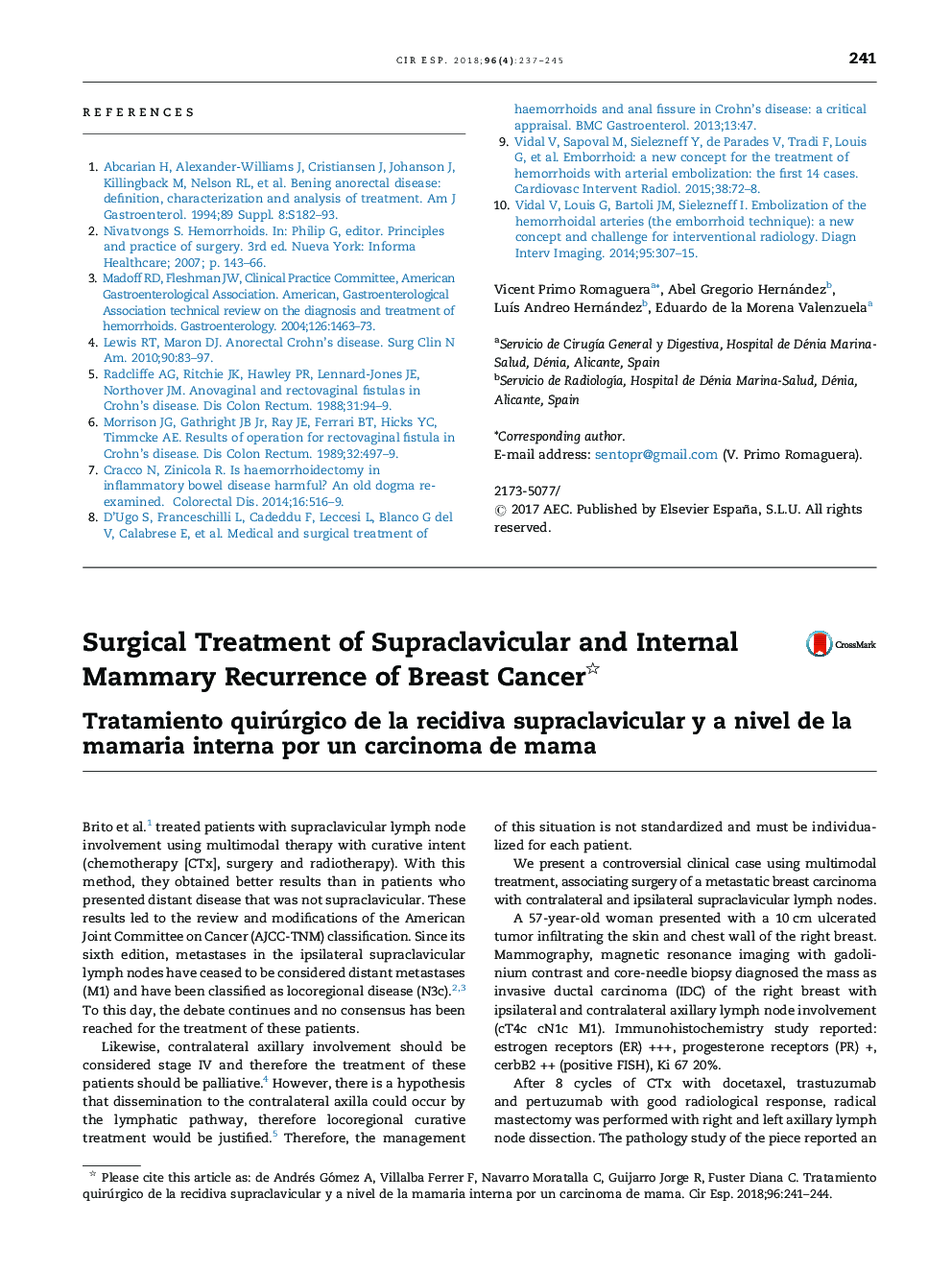 Surgical Treatment of Supraclavicular and Internal Mammary Recurrence of Breast Cancer