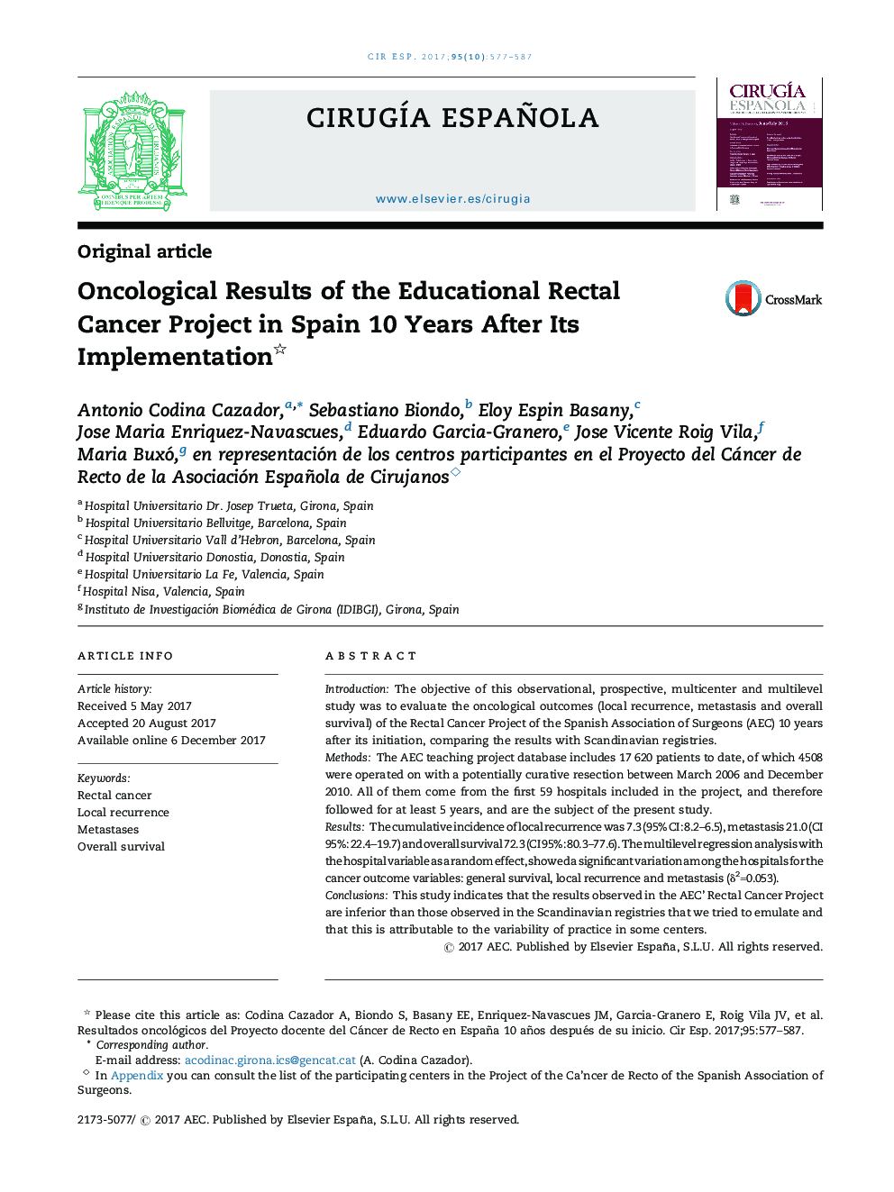 Oncological Results of the Educational Rectal Cancer Project in Spain 10 Years After Its Implementation