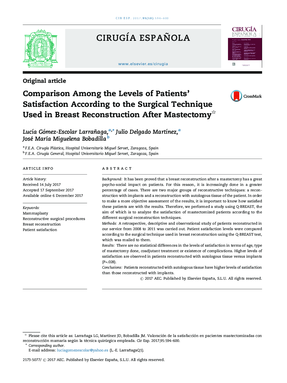 Comparison Among the Levels of Patients' Satisfaction According to the Surgical Technique Used in Breast Reconstruction After Mastectomy