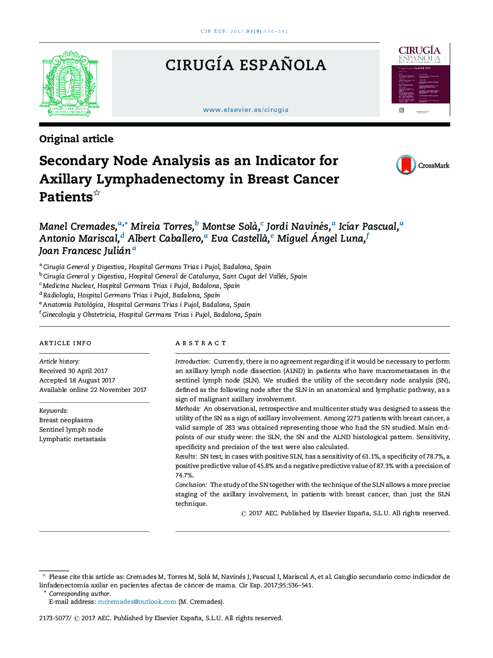 Secondary Node Analysis as an Indicator for Axillary Lymphadenectomy in Breast Cancer Patients