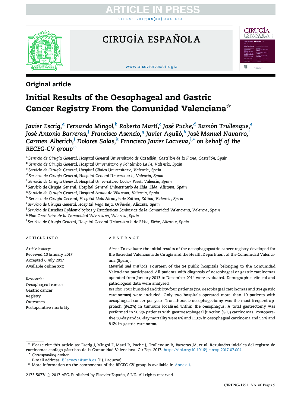Initial Results of the Oesophageal and Gastric Cancer Registry From the Comunidad Valenciana