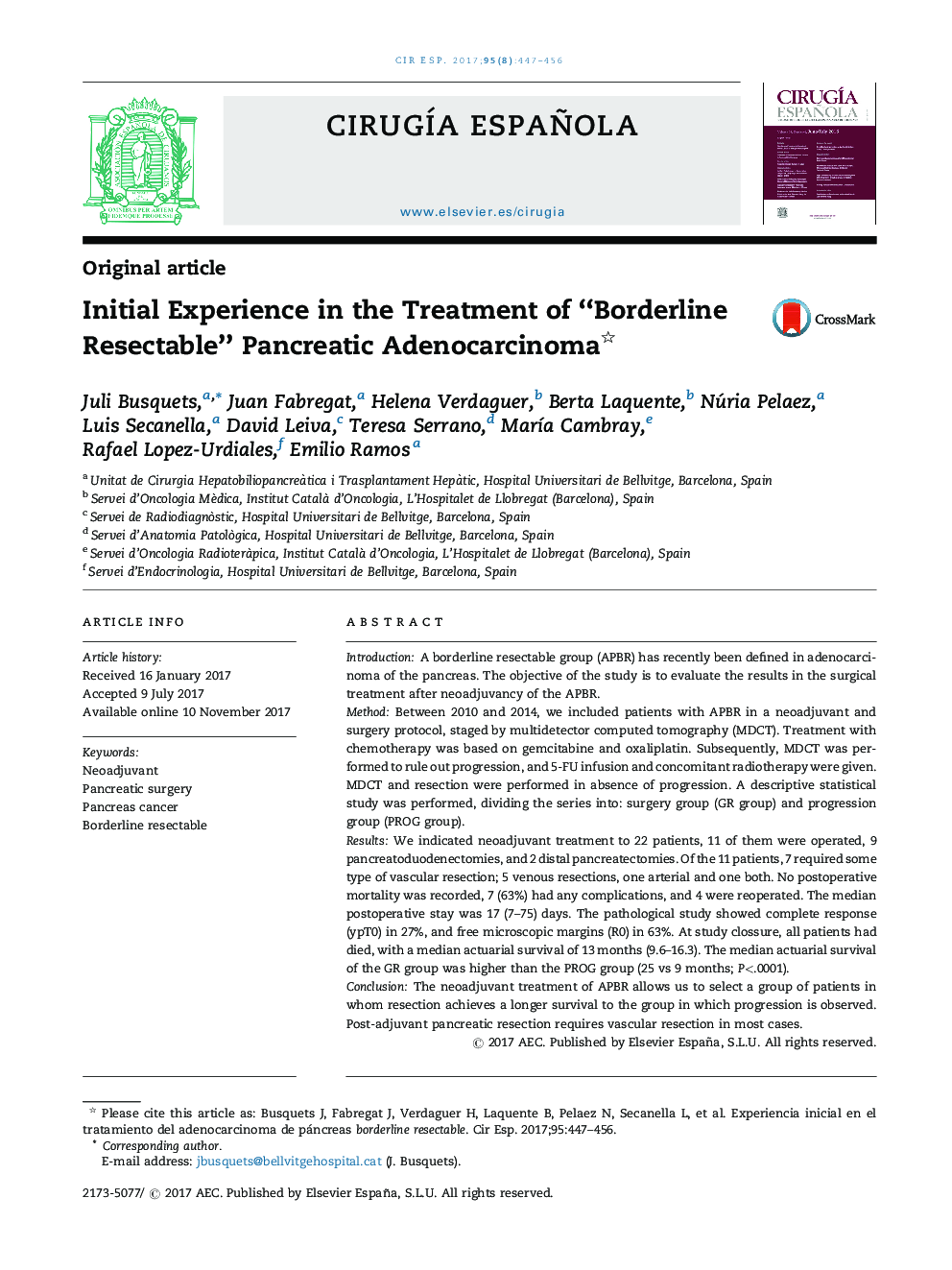 Initial Experience in the Treatment of “Borderline Resectable” Pancreatic Adenocarcinoma