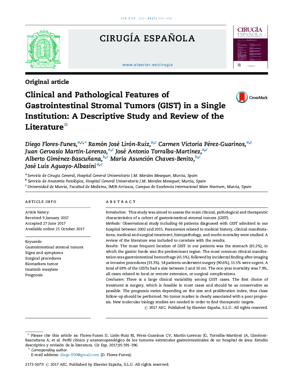 Clinical and Pathological Features of Gastrointestinal Stromal Tumors (GIST) in a Single Institution: A Descriptive Study and Review of the Literature