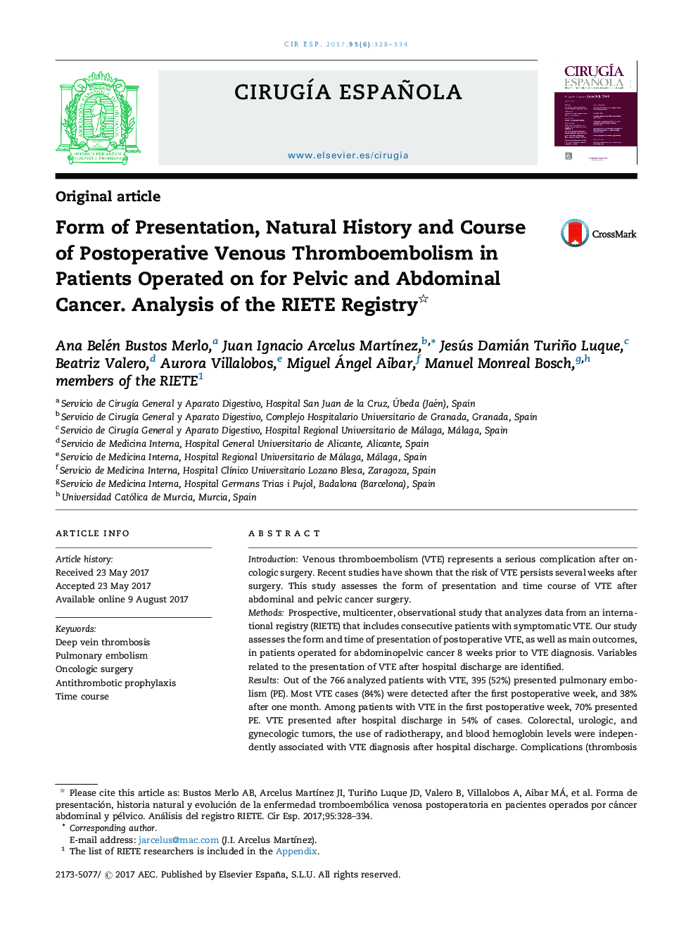 Form of Presentation, Natural History and Course of Postoperative Venous Thromboembolism in Patients Operated on for Pelvic and Abdominal Cancer. Analysis of the RIETE Registry