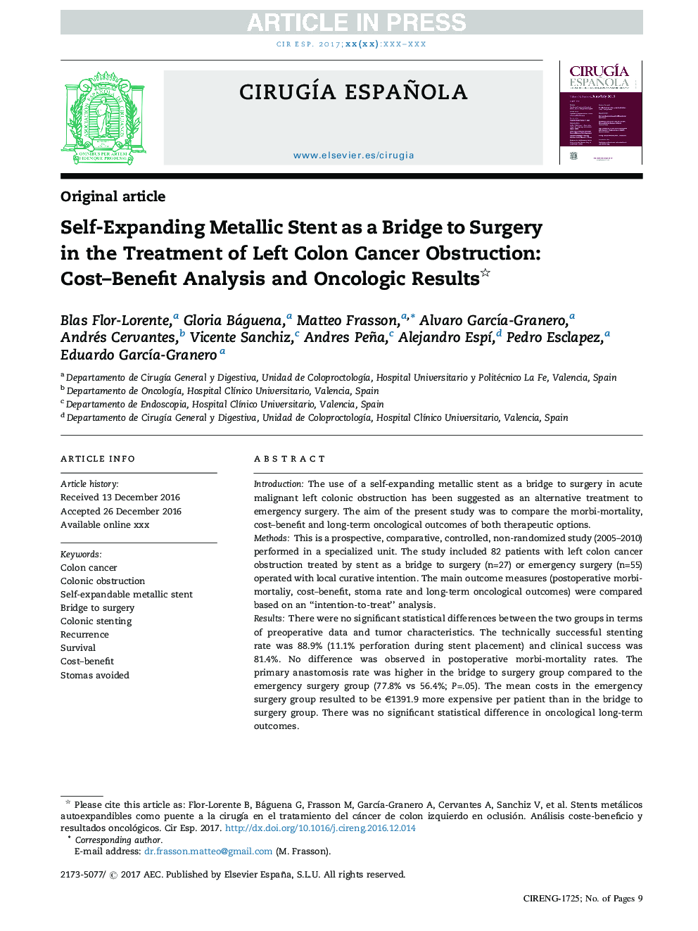 Self-Expanding Metallic Stent as a Bridge to Surgery in the Treatment of Left Colon Cancer Obstruction: Cost-Benefit Analysis and Oncologic Results