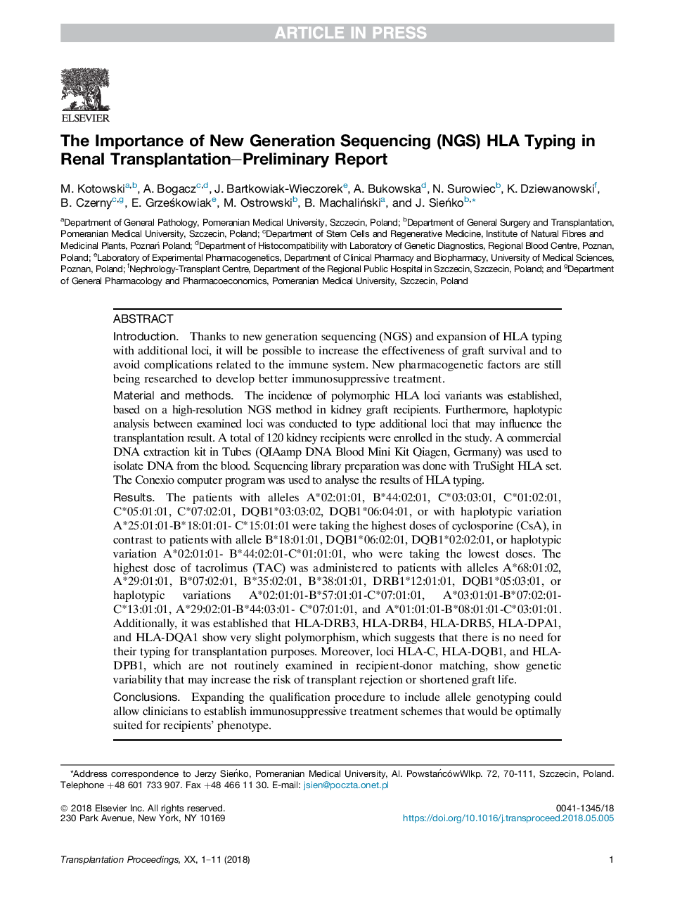 The Importance of New Generation Sequencing (NGS) HLA Typing in Renal Transplantation-Preliminary Report