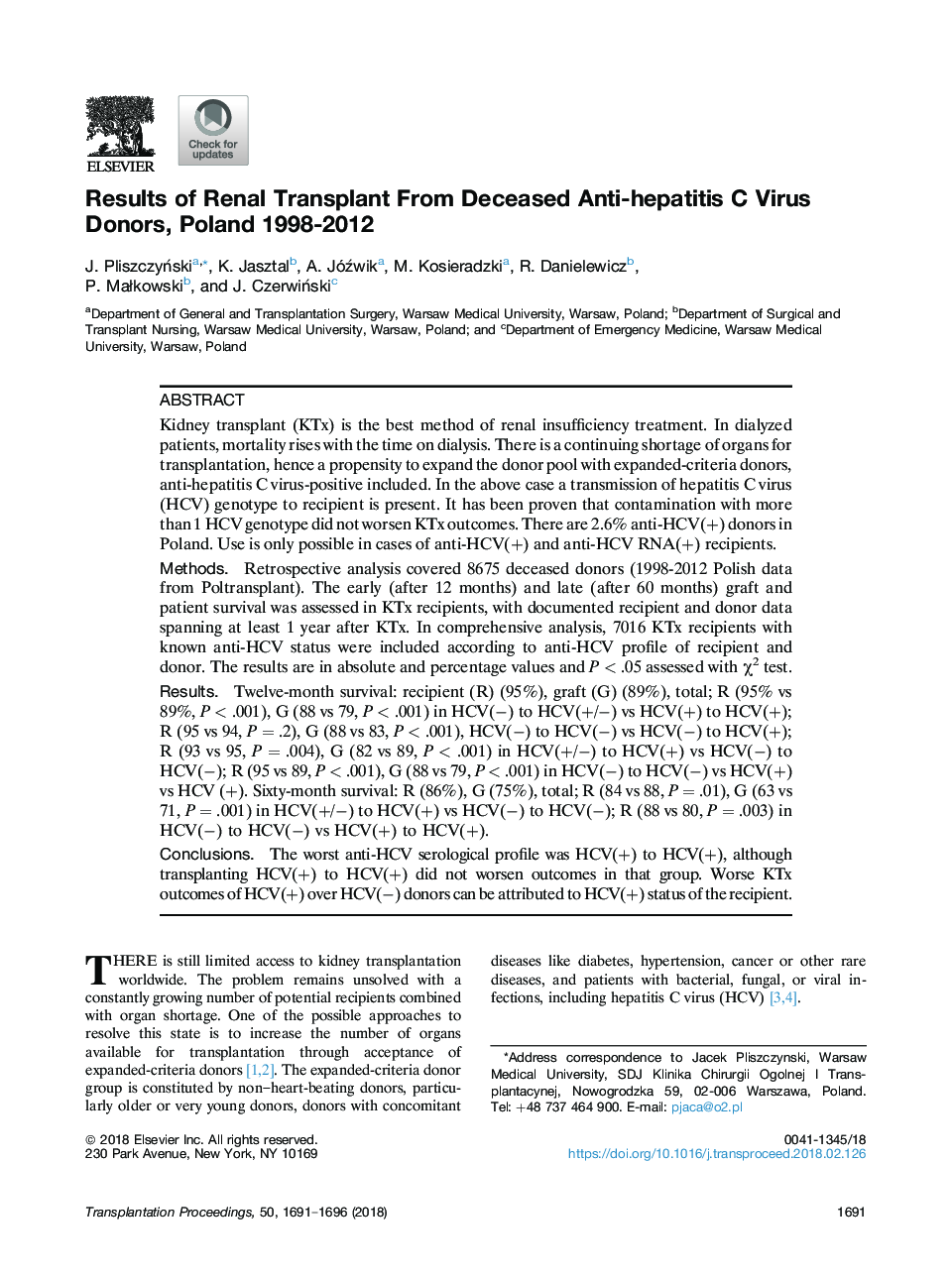 Results of Renal Transplant From Deceased Anti-hepatitis C Virus Donors, Poland 1998-2012