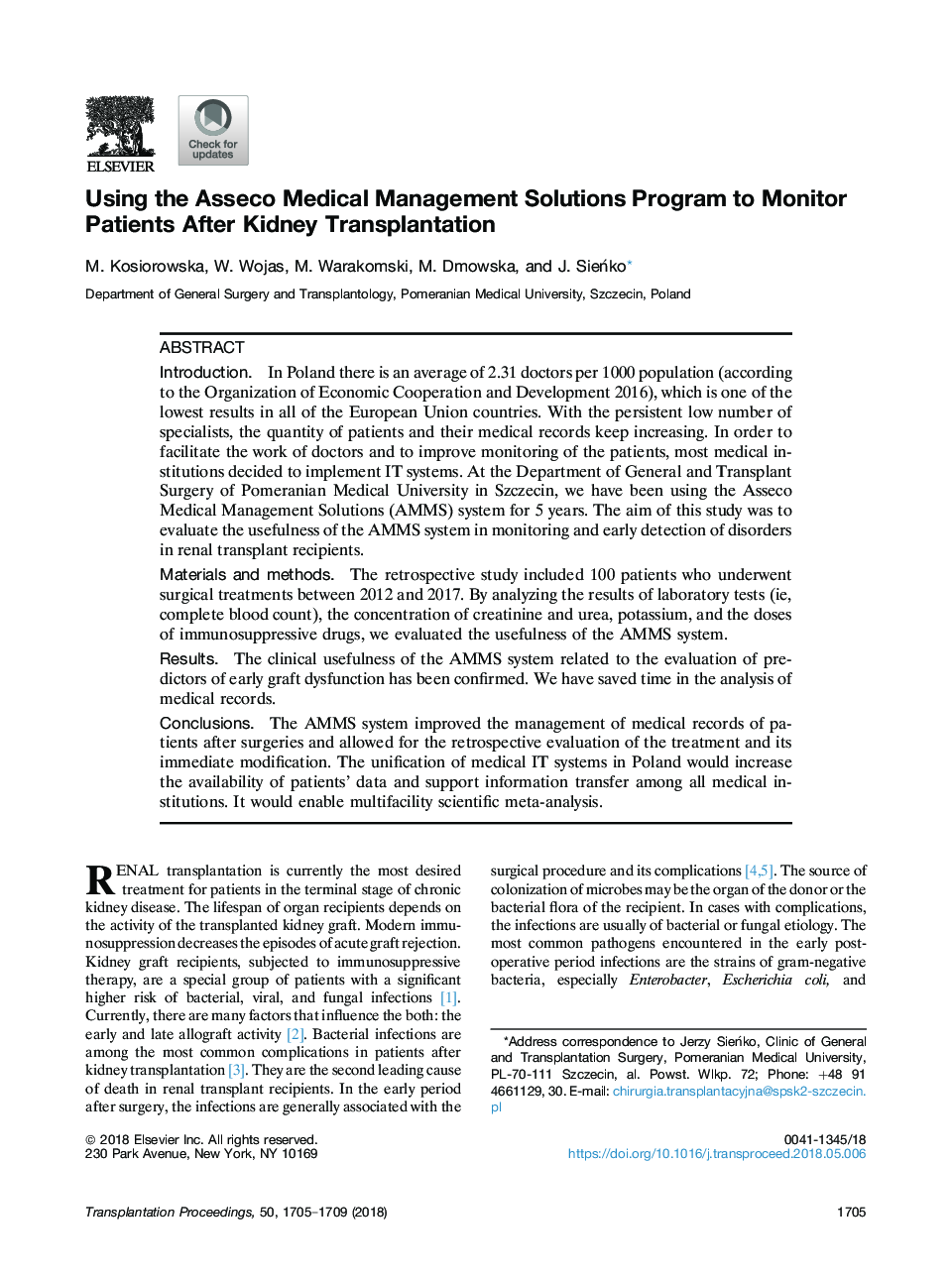 Using the Asseco Medical Management Solutions Program to Monitor Patients After Kidney Transplantation